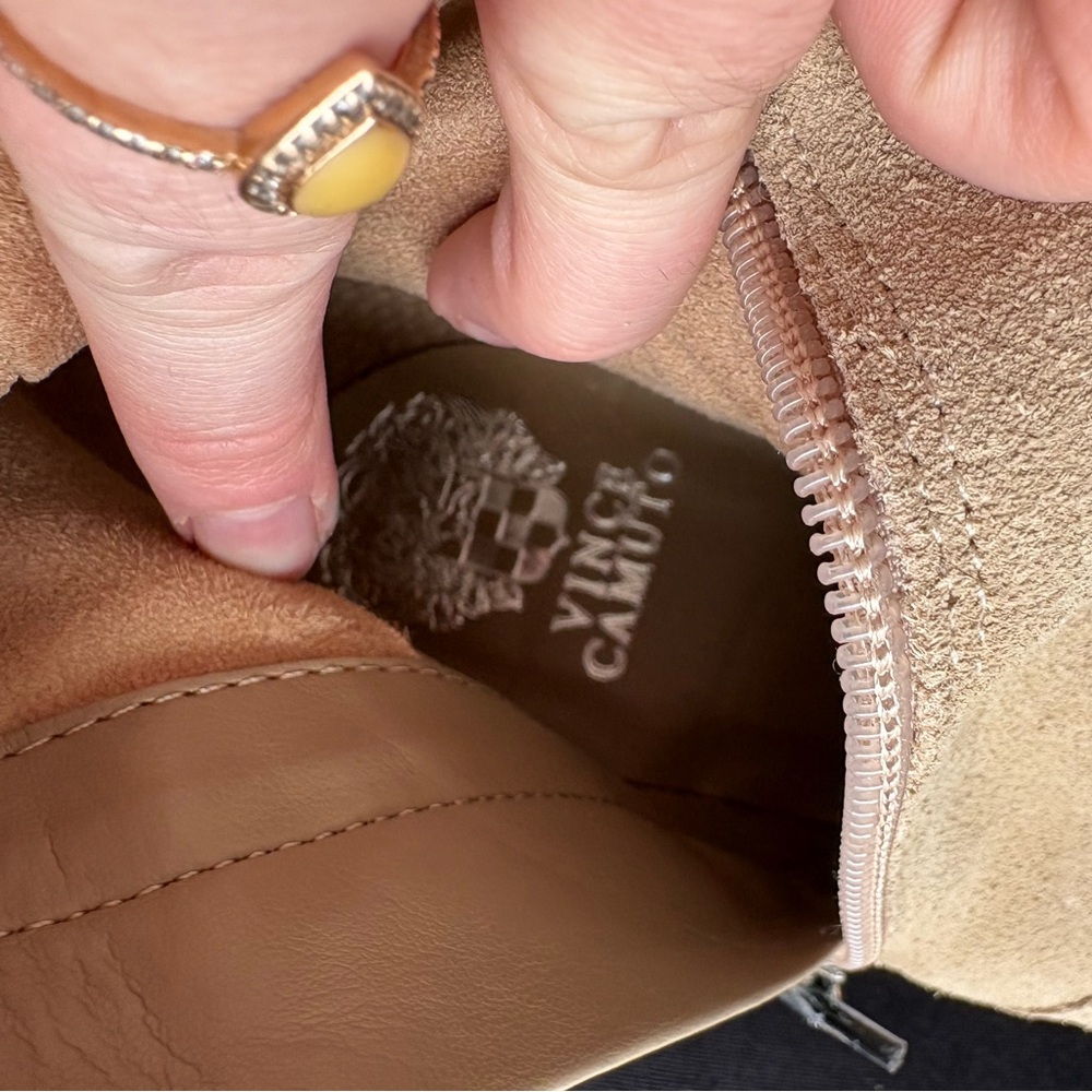 Women’s Tan Suede Tall Vince Camuto Afelia Wood Heel Boots NEW Size 9.5M - Picture 6 of 12